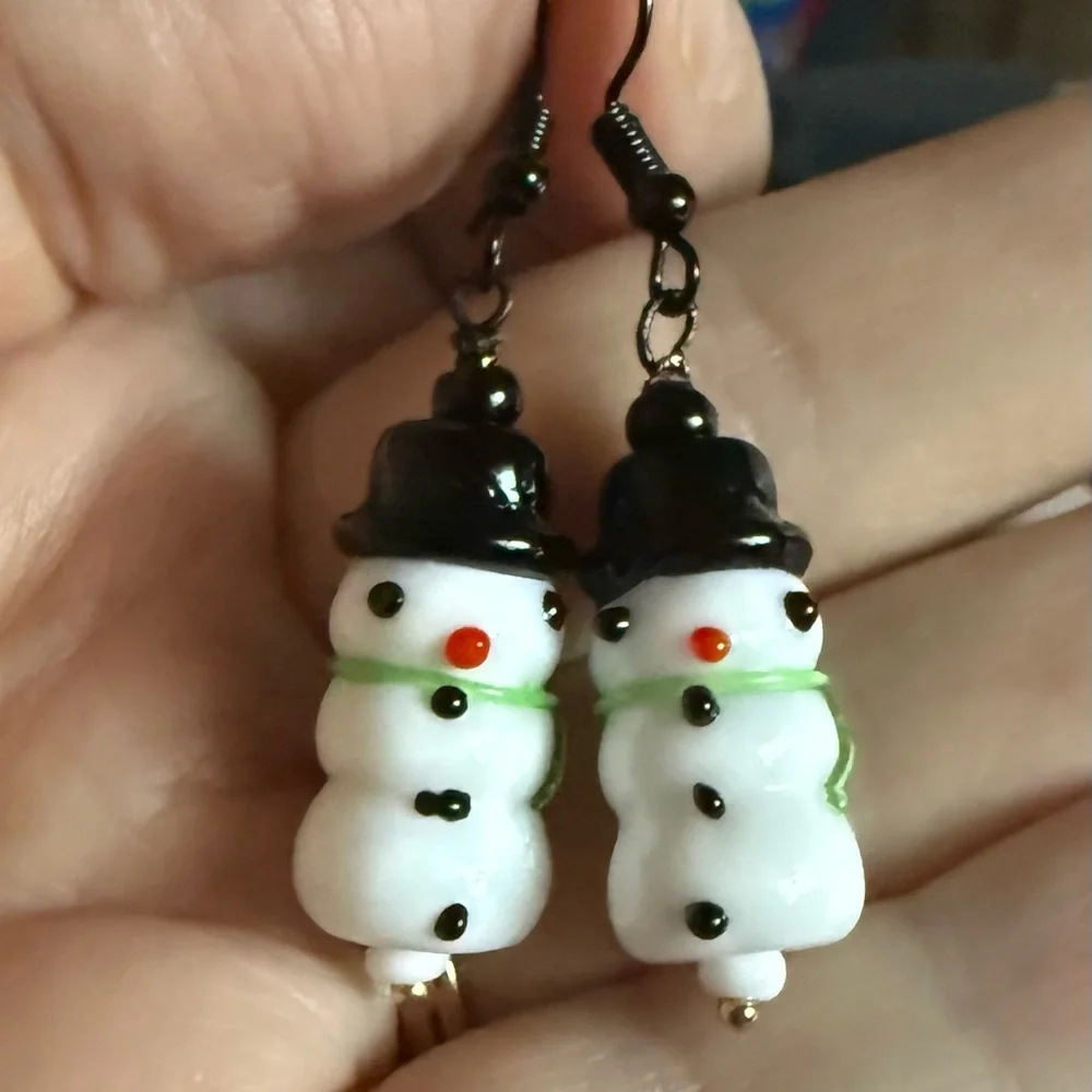 Snowman Earrings with Black Hat and Green Scarf Glass Lampwork Bead Nickel Free